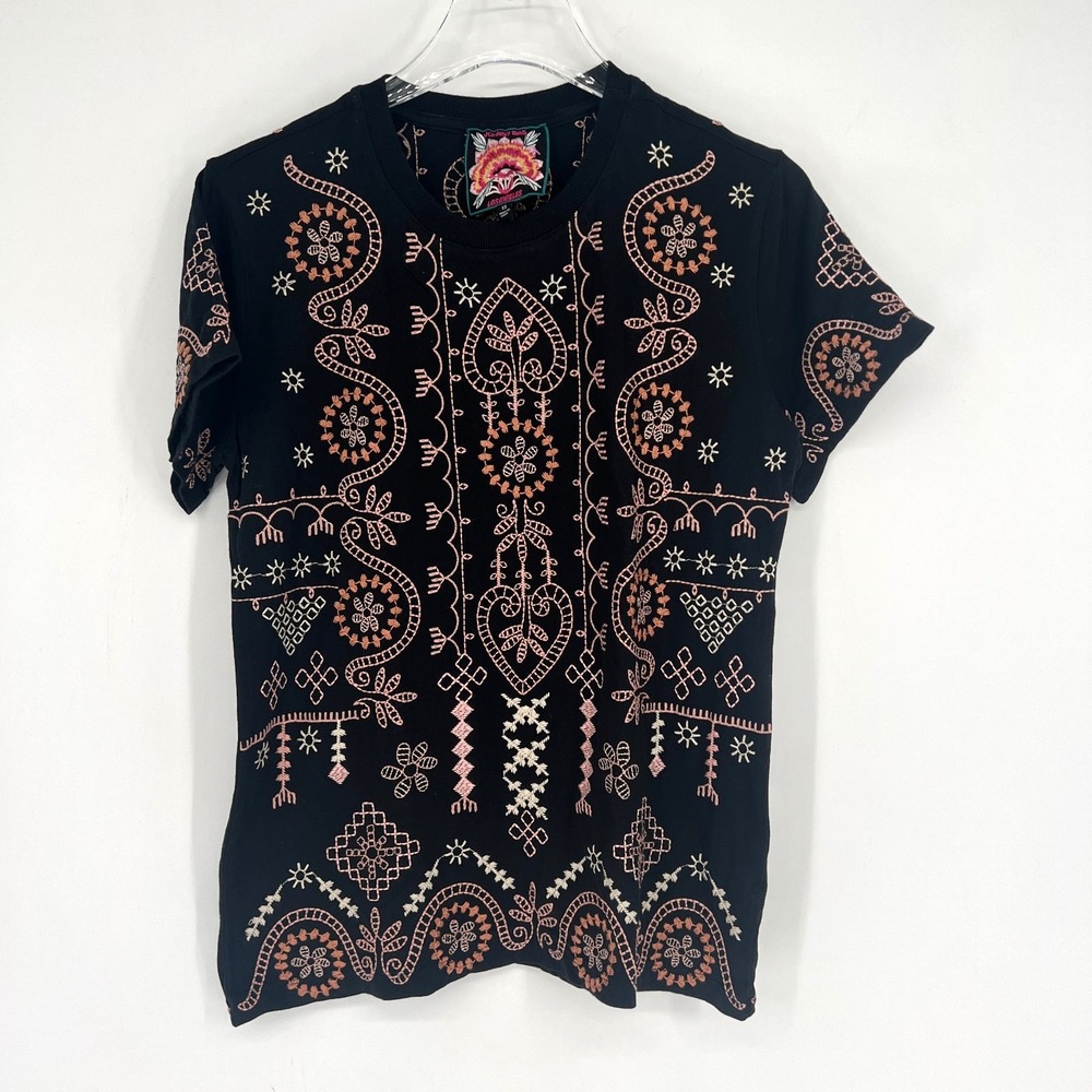 Johnny Was Top Womens‎ XS Faye Tee Floral Boho Black Western Hippie Embroidered